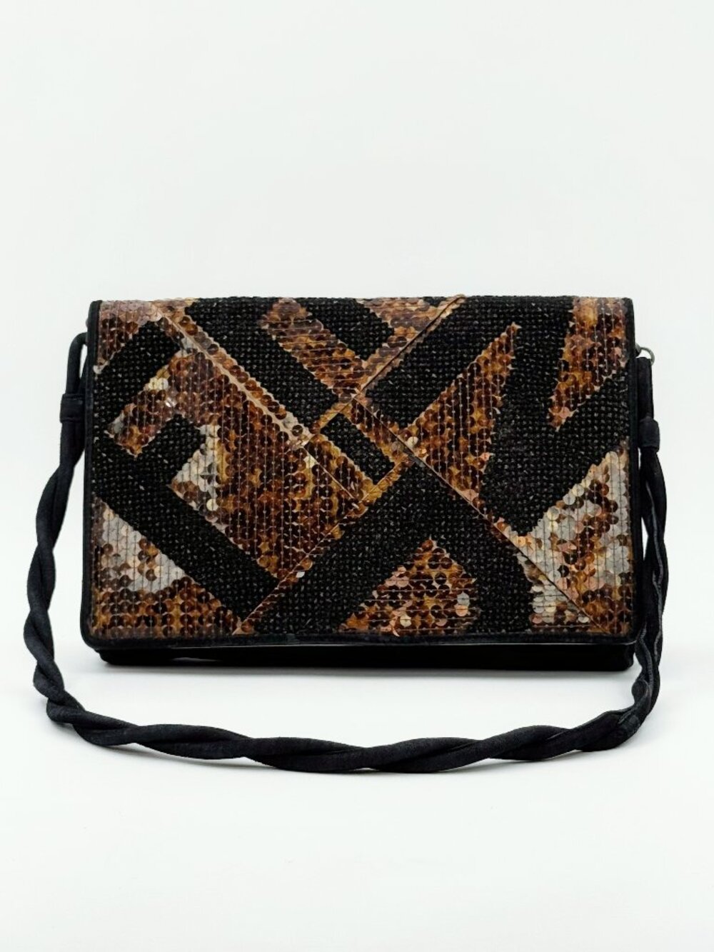 FENDI Vintage Beaded Sequin Shoulder Bag Black Brown Embroidered Purse
